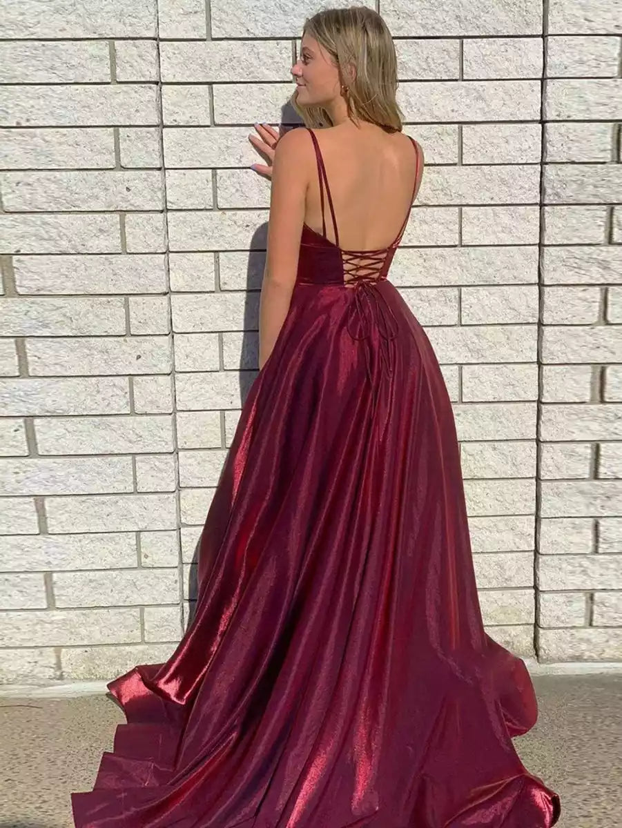 Elegant A-line satin thin shoulder strap with pleated neckline, sequins, slit and sleeveless lace up back Prom Dresses